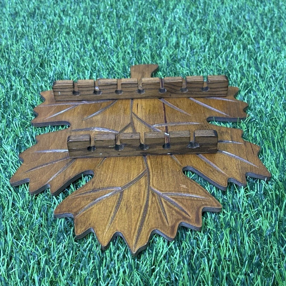 Vintage Wooden Leaf Wall Spoon Rack Mid Century Hand-Carved Display Holder Decor
